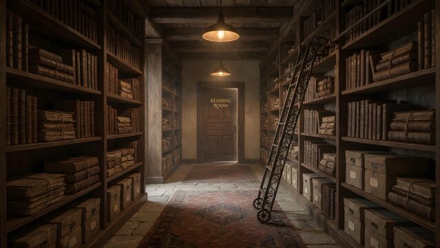 Old library interior with wooden bookshelves filled with books and a rolling ladder in front of a reading room door