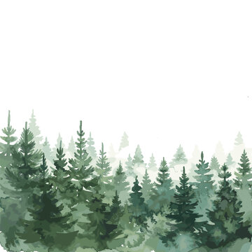Watercolor Pine Forest Landscape with Misty Evergreen Trees