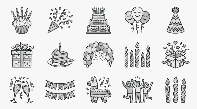 Professional Black and White Line Drawing Set of Celebration Party Icons Including Cupcakes Balloons Party Hats Candles Pi atas and More