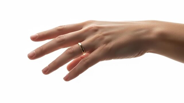 A close up of a hand wearing a simple gold ring isolated on a white background