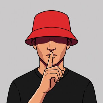 Secret Gesture: A person wearing a red bucket hat and a black t-shirt holds a finger to their lips, signaling for silence or secrecy. The shadow cast by the hat obscures part of their face.
