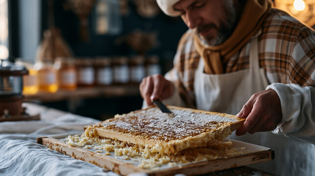 A Ukrainian beekeeper extracts honeycomb from a Langstroth hive frame using a cold uncapping knife, wax flakes curling onto a drip tray beneath, a hand operated extractor
