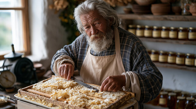 A Ukrainian beekeeper extracts honeycomb from a Langstroth hive frame using a cold uncapping knife, wax flakes curling onto a drip tray beneath, a hand operated extractor