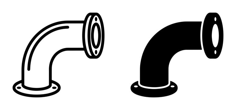 Industrial Pipe Fitting Vector Icons, Plumbing Elbow Connector, Black and White Line Art and Silhouette for Construction and Engineering