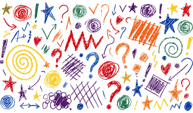 Colorful hand drawn crayon doodle background, scribble spiral, question marks, stars, and arrows pattern vector illustration