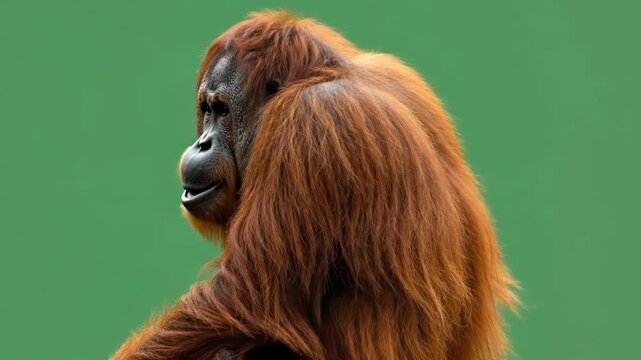 A close up view of an orangutan with long orange fur against green background