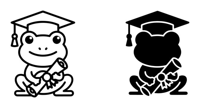 Graduation Frog Vector Icons, Cute Amphibian Graduate Holding Diploma Scroll, Black and White Academic Symbol Set