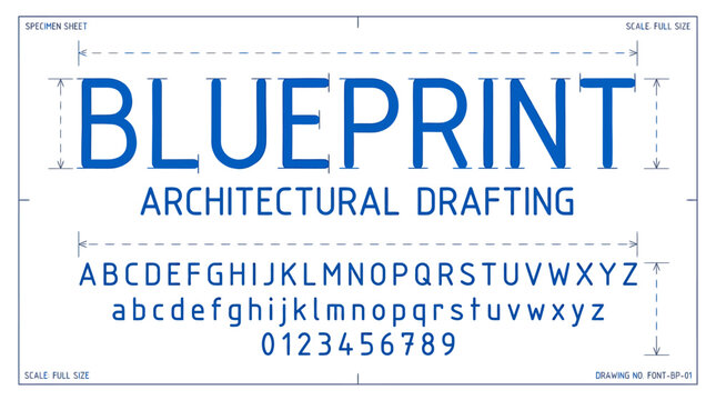 Blueprint Architectural Drafting Alphabet Font Specimen Sheet Vector Illustration
