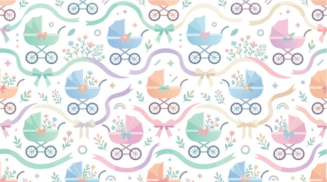 Seamless Pattern of Cute Pastel Baby Carriages.