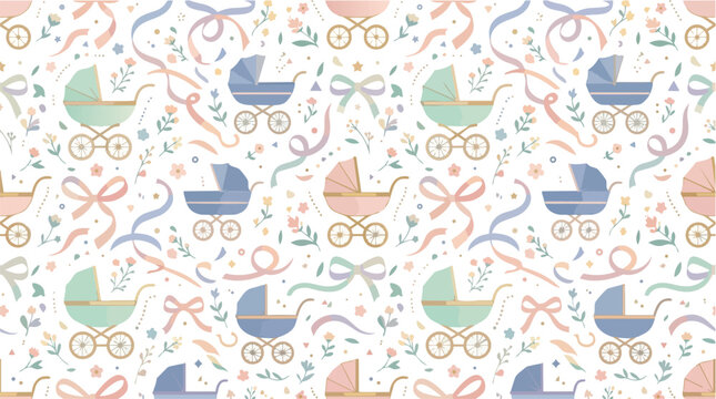 Seamless pattern with cute baby carriages and ribbons.