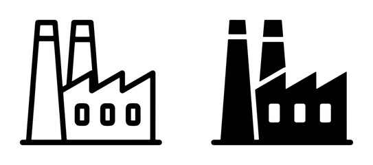 Obraz premium Factory Icons, Industrial Building Symbols, Manufacturing Plant Silhouettes, Power Generation Structures, Production Facility Graphics, Energy Industry Vector Art