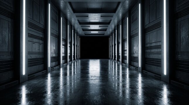 Dark sci-fi corridor with glowing vertical lights and reflective metallic floor, sci