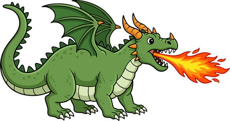Fototapeta premium Green Fire Breathing Dragon with Wings and Horns — Cartoon Fantasy Creature Vector Illustration