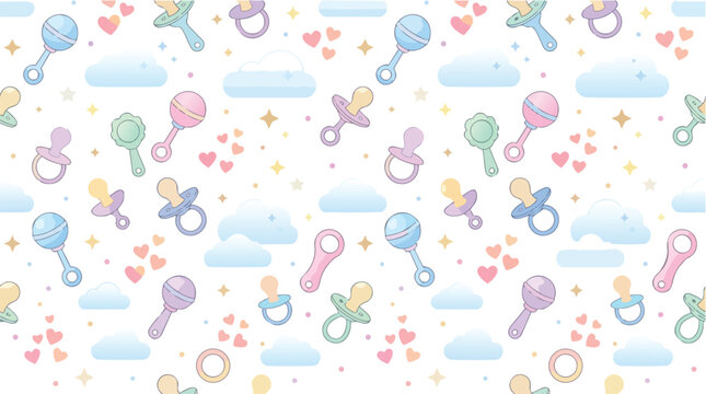 Seamless pattern with colorful baby rattles and pacifiers on white background.