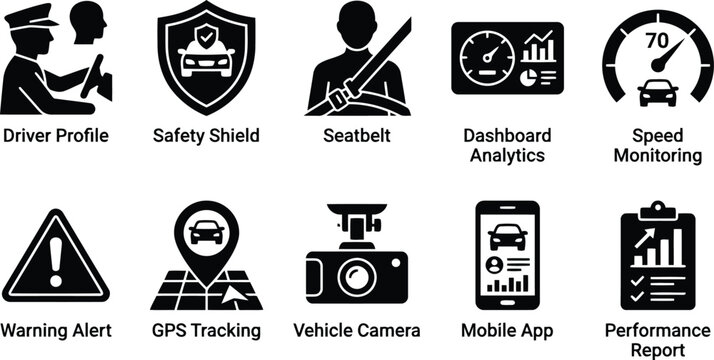 Set of icons for vehicle safety, monitoring, and performance analytics