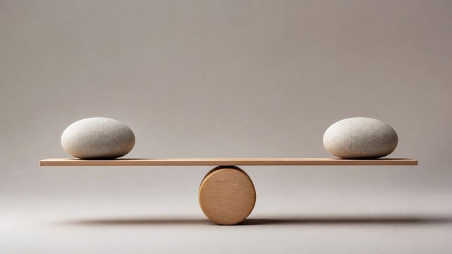 Balanced scales with two stones on neutral background