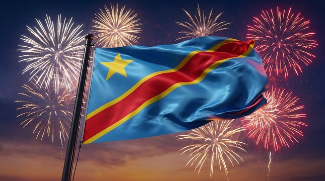Democratic Republic of Congo flag waving against night sky with celebratory festive fireworks display
