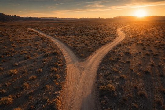 Aerial view of a desert road splitting into two paths under golden hour sunlight.