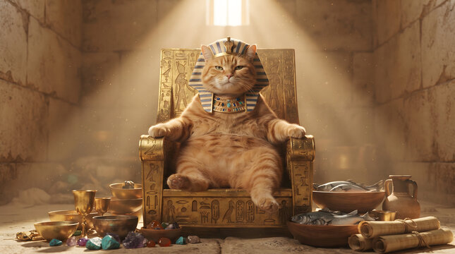 A majestic orange tabby cat dressed as an ancient Egyptian pharaoh sitting regally on a golden throne inside a sunlit stone tomb.