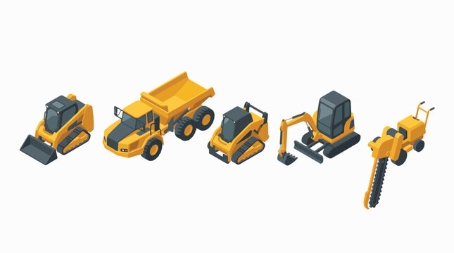 Isometric earthmoving machinery vector. Construction vehicles and heavy equipment graphics.