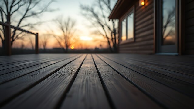 Serene wooden deck at twilight with warm ambient lighting, creating tranquility.