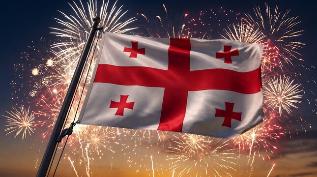 National flag of Georgia waving on flagpole with bright fireworks display in night sky background