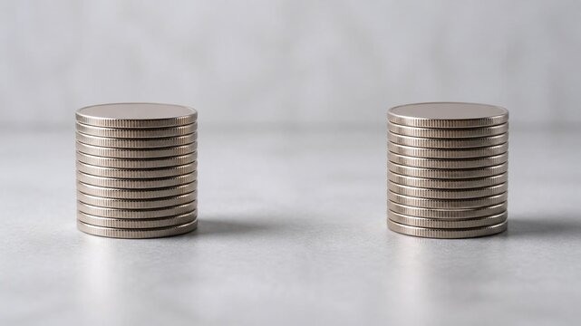 Two stacks of coins on a marble surface