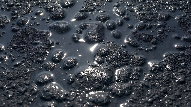 Asphalt lake surface with oily bubbles, natural daylight on textured ground.