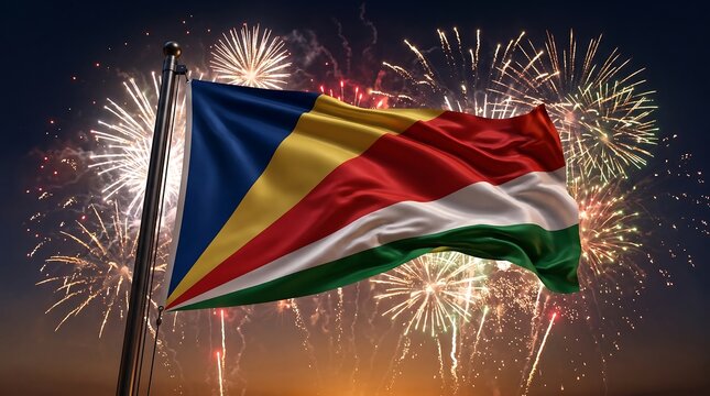 National flag of Seychelles waving on metal pole against dark night sky with bright fireworks