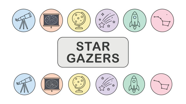 Star Gazers Icons: A collection of celestial and astronomical icons with the text STAR GAZERS in a central banner, representing exploration and discovery in the universe.