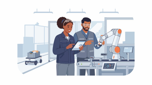 Engineer inspecting AI robot. Technician checking artificial intelligence mechanism in lab.