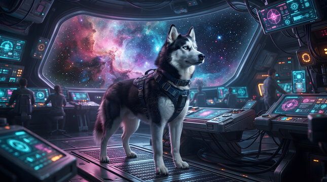 A Siberian Husky wearing a harness stands in the high-tech cockpit of a futuristic spaceship overlooking a colorful cosmic nebula.