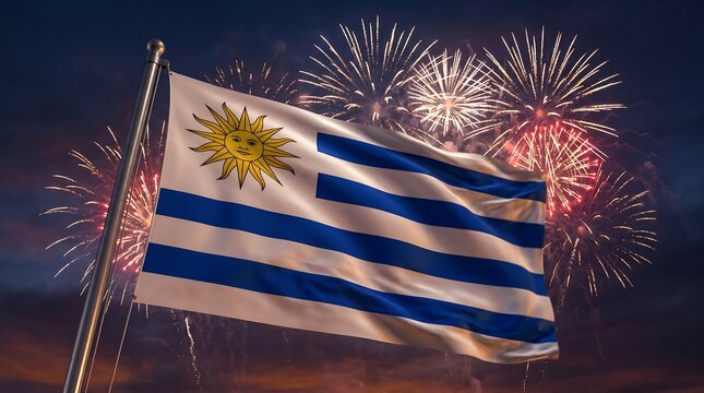 National flag of Uruguay waving on flagpole against night sky with colorful fireworks celebration background
