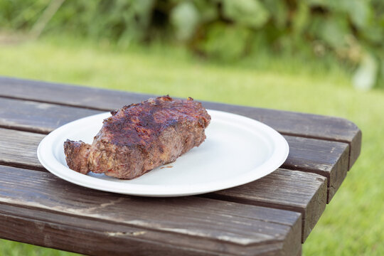 Charcoal-Grilled Meat Roast on Paper Plate at Outdoor Campsite