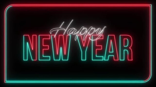 A futuristic neon line frame outlining animated red script and cyan glowing text saying "Happy New Year" with continuous light tracing effects.
