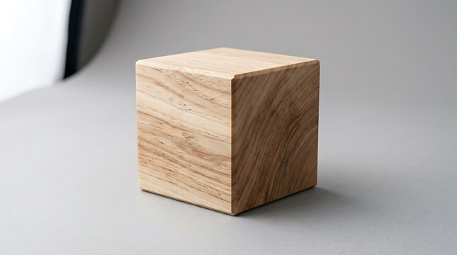 Square wooden block on grey surface natural wood grain pattern and smooth polished edges cube edge texture geometry.