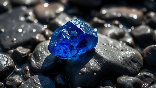 Deep blue sapphire crystal on wet grey river stones, sparkling in sunlight.