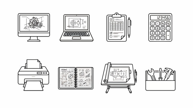 Engineering office outline icons set. Professional construction and architecture symbols.