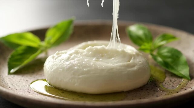Close up of fork lifting warm burrata cheese stretching elastic cream white mozzarella strands