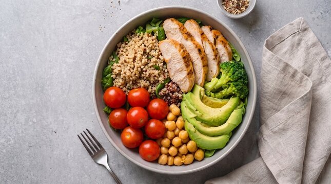 Healthy and colorful Buddha bowl with grilled chicken, quinoa, fresh vegetables, and chickpeas on a grey background.