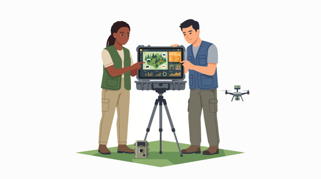 Environmental volunteer using AI technology. Eco activist analyzing nature data with device.