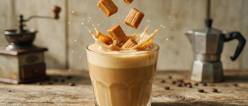 Caramel cubes falling into a coffee glass with splash on rustic wooden table