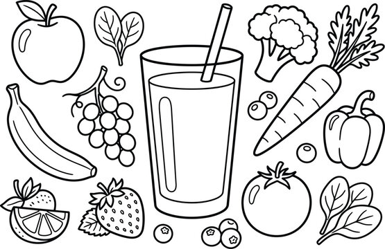Coloring page with fresh fruit and vegetable illustrations. Fun activity for kids and adults.