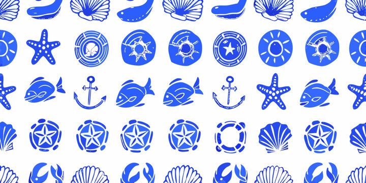 Blue Sea Creature Silhouettes Pattern On White Background