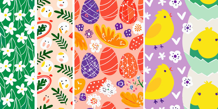 Floral and egg pattern with chicks a colorful vector illustration