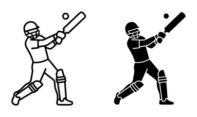 Obraz premium Cricket Player Silhouette and Outline Icons, Sports Action Vector Graphics, Batting Stance, Athletic Equipment, Professional Game Elements