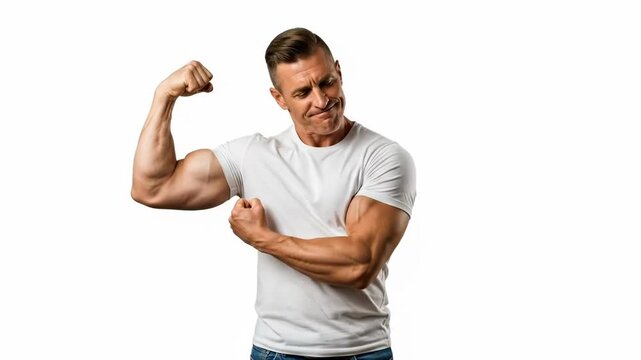 A muscular man in a white t-shirt flexing his toned arms against a background