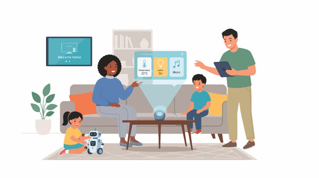 Family using smart home AI. Relatives controlling house technology with device.