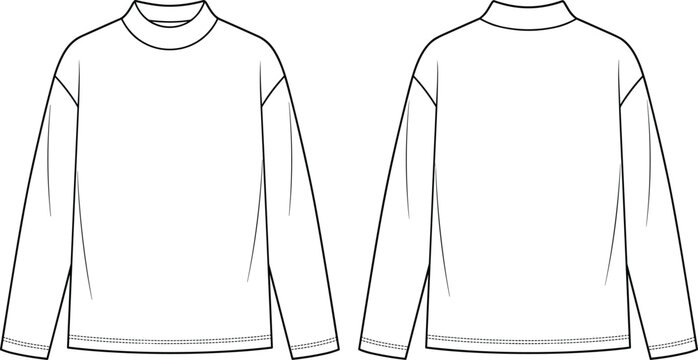 Mock neck long sleeve shirt flat sketch technical drawing vector template with front and back view