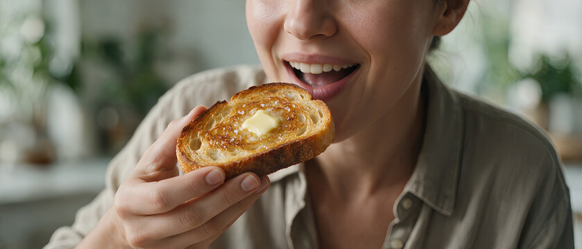 Close up of woman eating warm buttered toast for morning breakfast